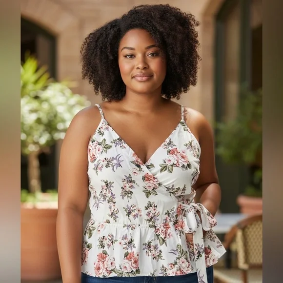 Zenobia Floral Wrap-Style Top with Adjustable Straps 2x - Picture 2 of 5